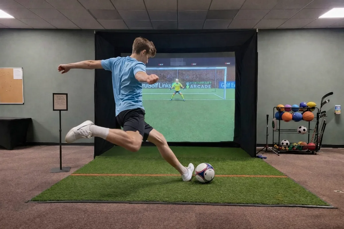 Guest kicking a soccer ball during a simulator game at Sim Time